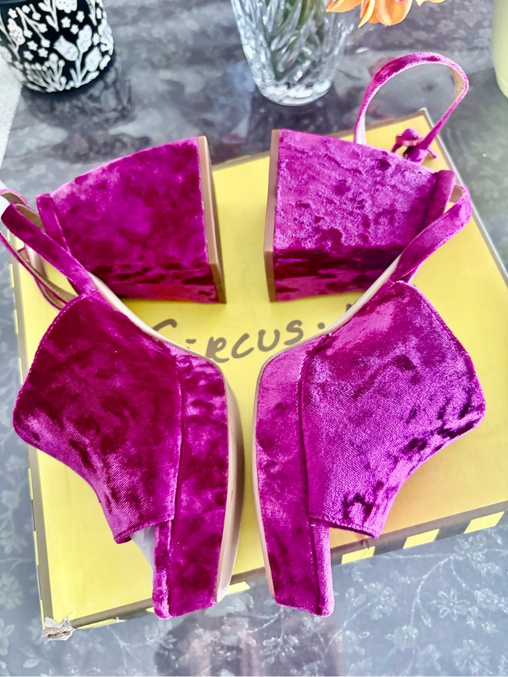 Circus NY Crushed Velvet Platform Wedge Sandals in Magenta 8